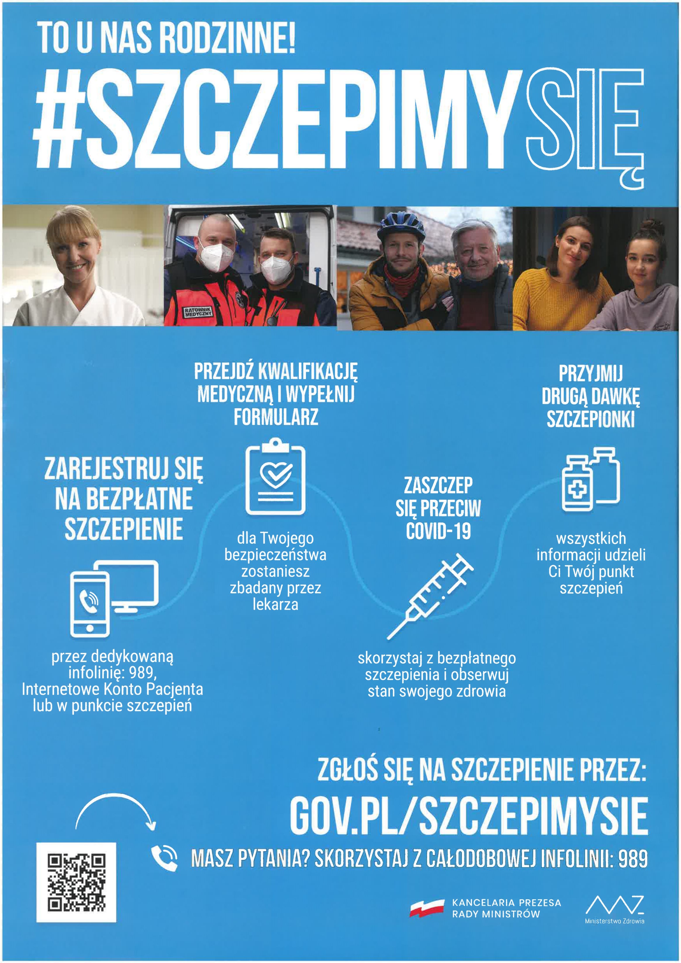 Plakat promujący szczepienie przeciwko COVID-19. Infolinia pod numerem 989.